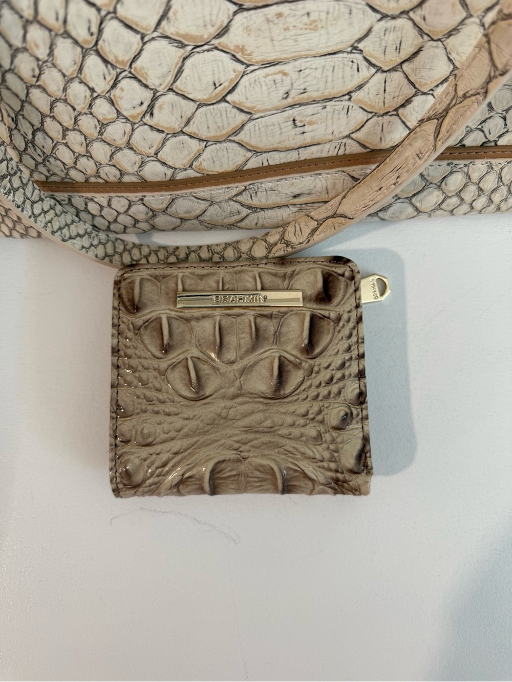 Brahmin Taupe Croc-Embossed Mini Zip Wallet